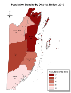 Population Density by District of Belize Map 2010